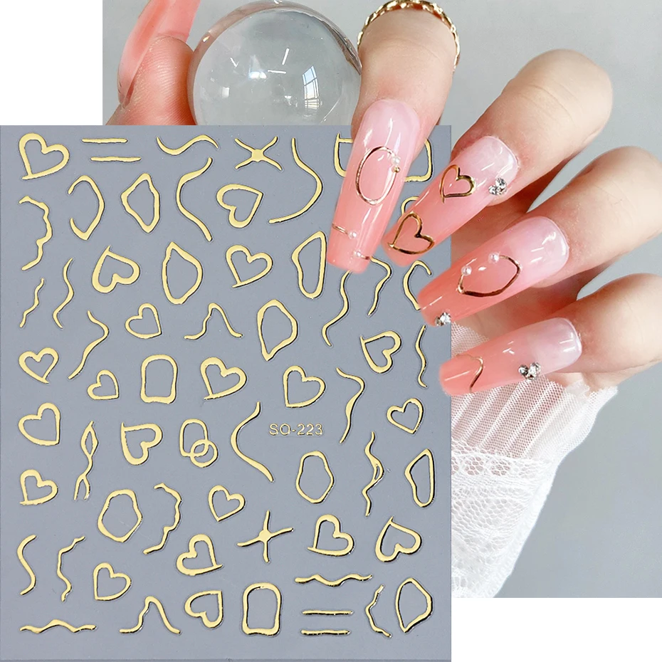 Bronzing זהב 3D עקומת קווי נייל מדבקה רעיוני אהבה גיאומטרי איור נייל אמנות מחוון פס קלטת גלישת נייל עיצוב LESO223