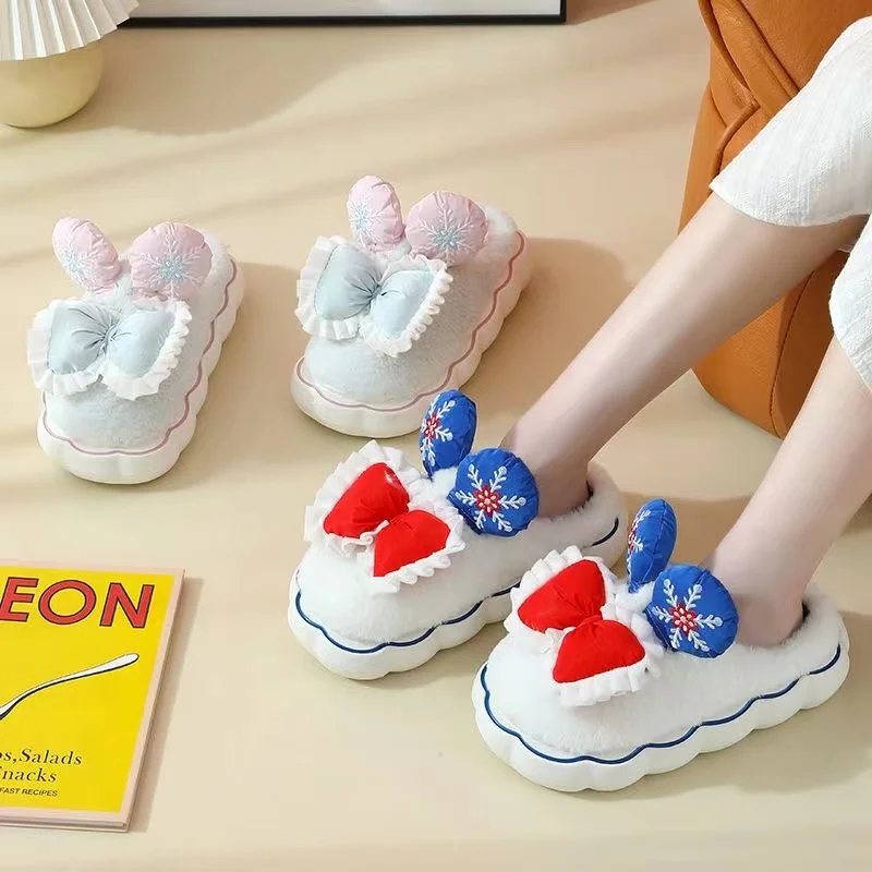 

real photo women's slippers 2025 women's shoes bow knot household warm and lovely indoor anti-skid slippers plush autumn winter