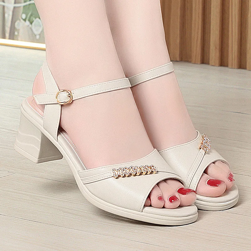 

Fashion Crystal Sandals in Leather Women's Heels for Ladies Shoe Summer Sandals 2025 Luxury Woman Sandals Dress High Quality