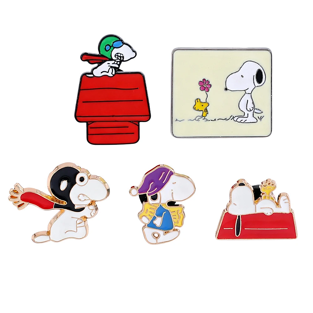 5 Pcs Long Ears Beagle Brooch Comic Strip Cute White Dog Enamel Pin Metal Badge Jewelry Clothing Backpack Accessories Gift