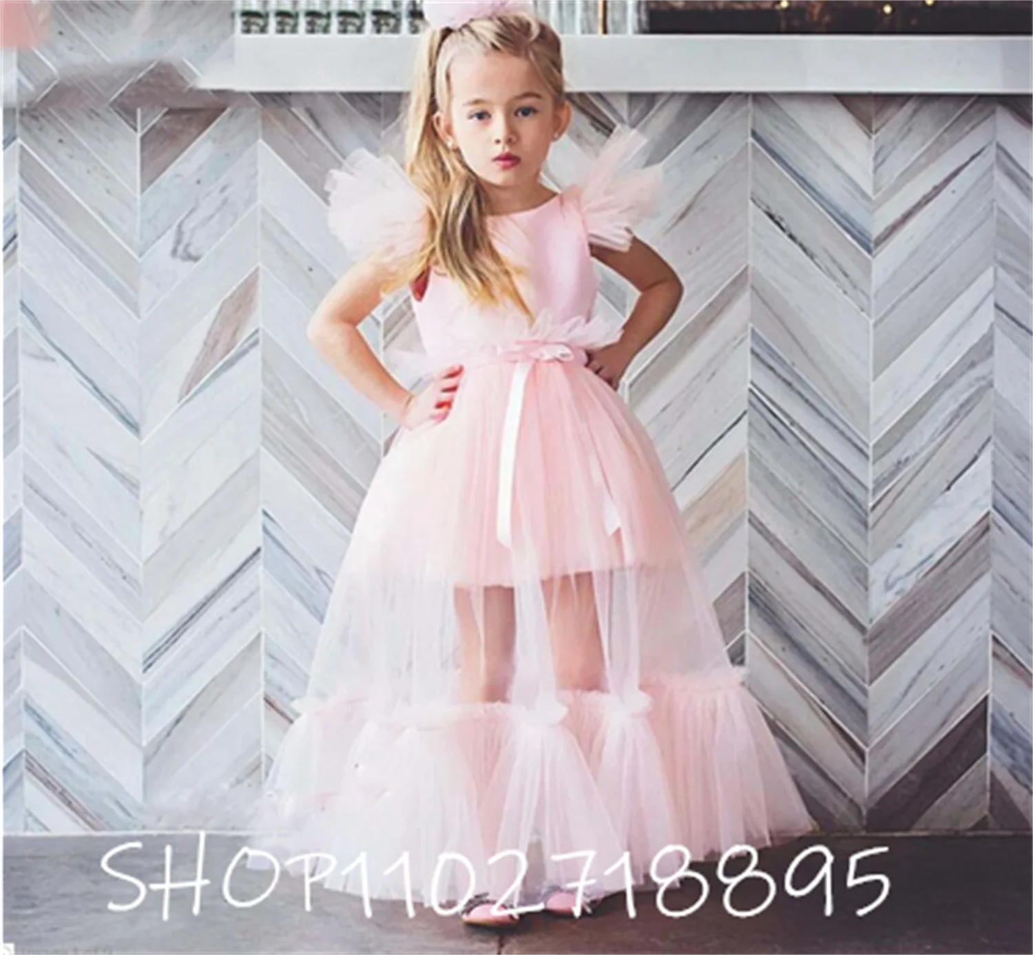 Elegant Princess Dress Pink Tulle Flower Girl Dress Cap Sleeves Custom Made Girls Cloth Longo Kids Birthday Dress