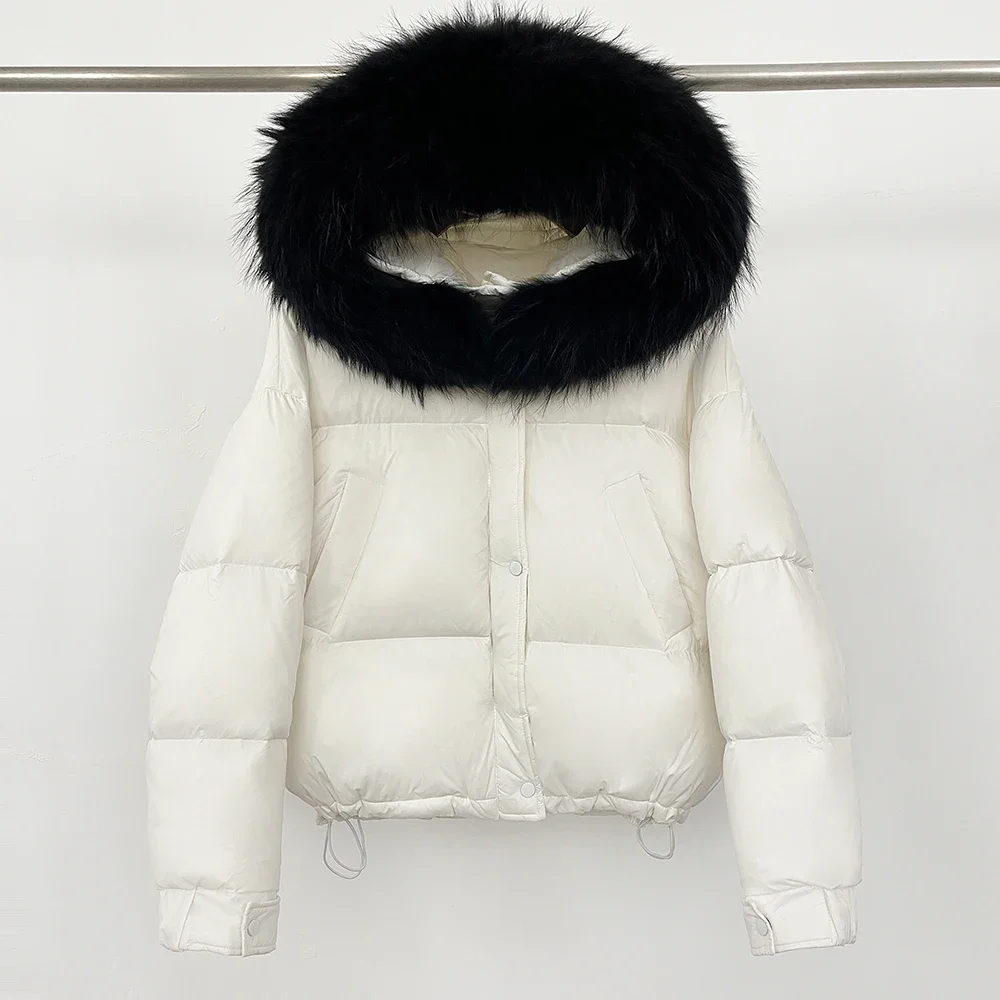 Chaqueta acolchada de piel de zorro cálida para mujer, chaqueta de plumón de pato blanco, Parkas para mujer, abrigo con capucha, nueva chaqueta de plumón de piel de mapache auténtica