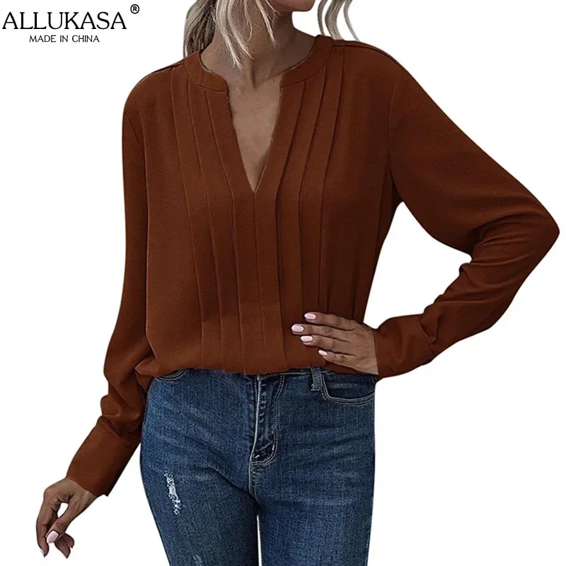 Allukasa Women Chiffon Blouse Female V Neck Casual Long Sleeve Pleated Solid Color Pullover Fashion Office Shirt Ladies Clothing