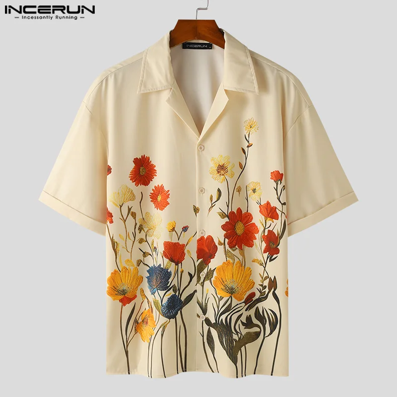 2024 Men Shirt Flower Printing Lapel Short Sleeve Streetwear Casual Men Clothing Vacation Summer Fashion Hawaiian Shirts INCERUN