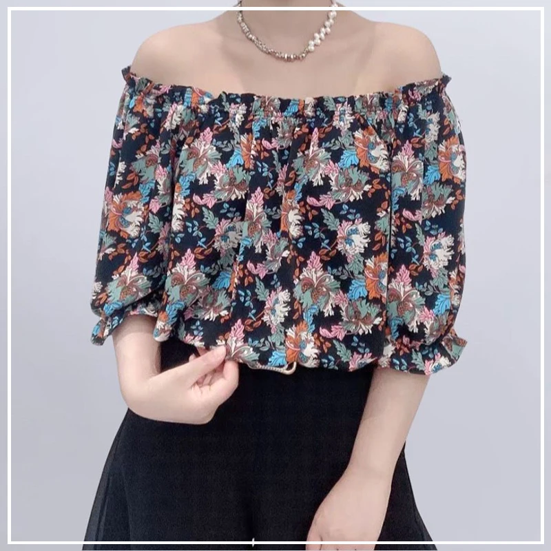 

2024 Summer Hot Selling Items Leisure Versatile Loose Fitting One Line Collar Commuting Atmosphere Chiffon Comfort Women's Top