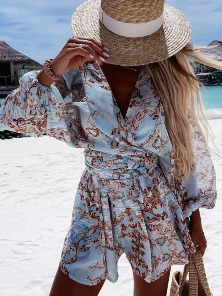 Tuta da donna sexy con scollo a V profondo Estate Casual Boho Beach Vacation Outfit Stampa di moda Pagliaccetti con maniche a lanterna Pantaloncini