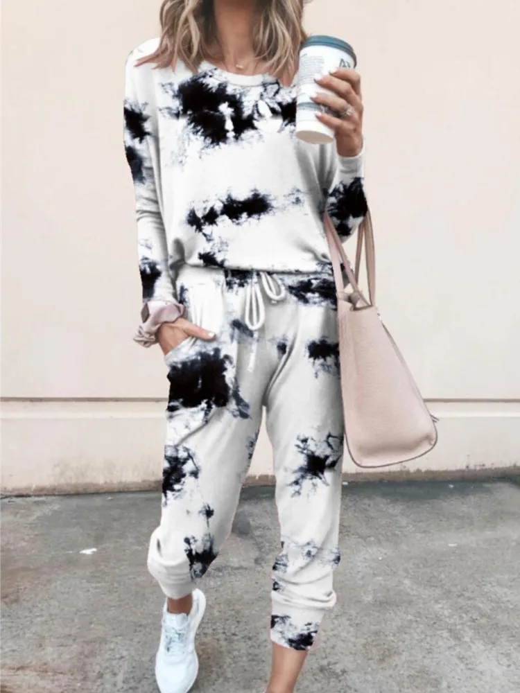 

Two Piece Set For Women 2024 New Printed Spring Autumn Comfortable Casual Loose Elegant Homewear O-neck Top Drawstring Long Pant