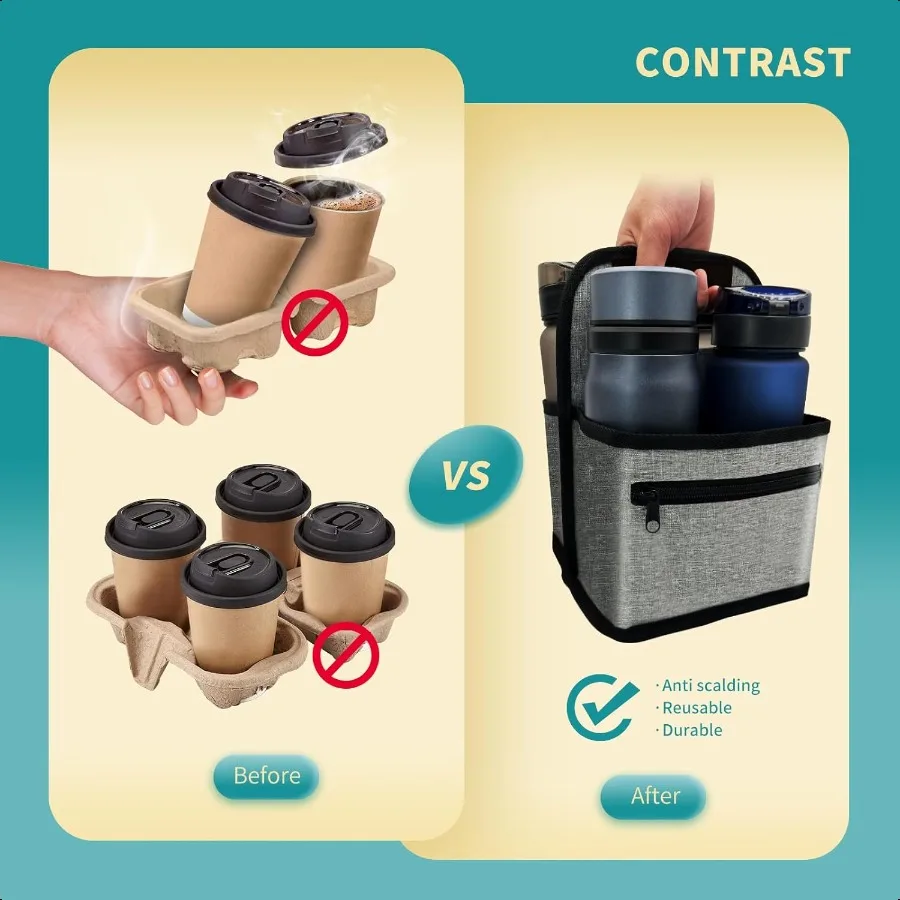 Porta-copos de café ou latas reutilizáveis, suporte para copos, alça, sacola, suporte para bebidas com 2 bolsos organizadores para bebidas quentes e frias