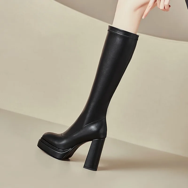 2025 أحذية عالية الخريف جديد جولة تو الجانب سستة منصة عدم الانزلاق مقاومة للاهتراء كعب مربع أحذية عالية الكعب Жénskie Botanки