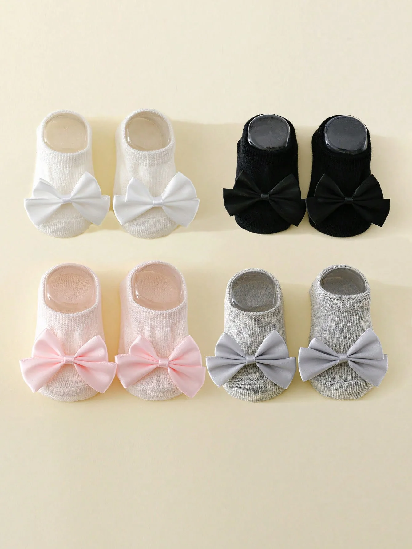 

4 Pairs of Baby Ankle Socks with Double Layer Satin, Fashion Solid Color Soft Anti-Slip Short Socks for 0-24 Months Newborn Girls