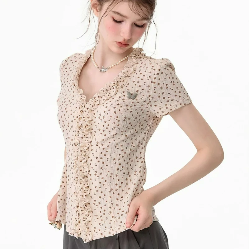 2026 Summer New Polka Dot Lace Splicing Women's Top Retro Sweet Design Slimming Thin Y2k V-neck Short-sleeved T-shirts Ladies