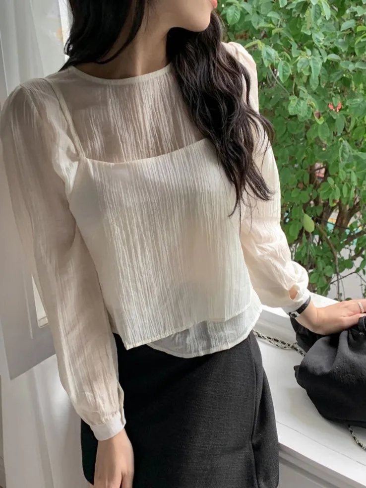 

Шикарная женская блузка Bubble Long Sve на раннюю весну и жилет на бретелях, комплект из двух предметов, корейский комплект стандартного кроя, не деформируемый