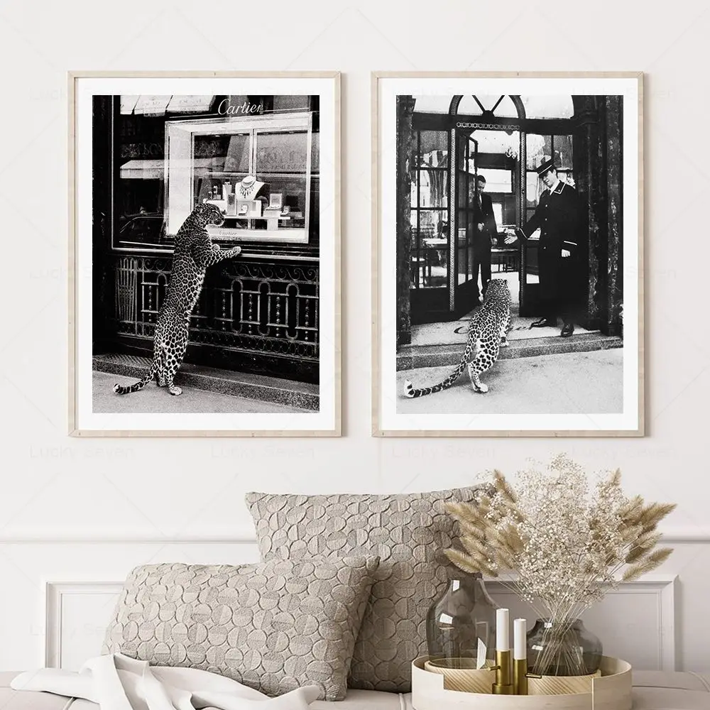 Luxury Brand Leopard Jewelry Shop Poster Canvas Painting Vintage Black and White Photography Wall Art Pictures Living Room Decor