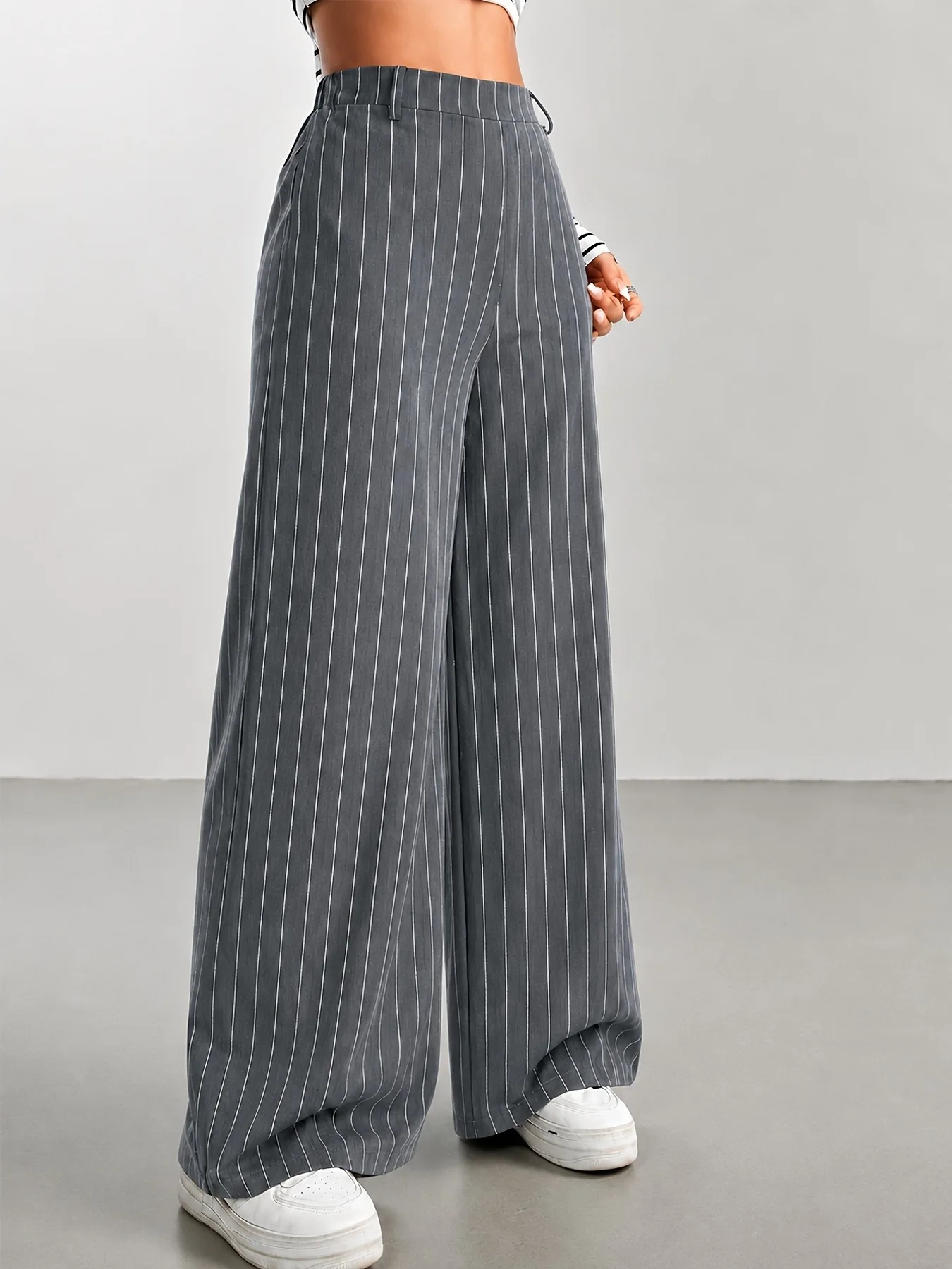 Girls Old Money Casual Wide Leg Pants Dark Grey Vertical Stripe High Waist Suit Trousers, Minimalist Streetwear Office Pants