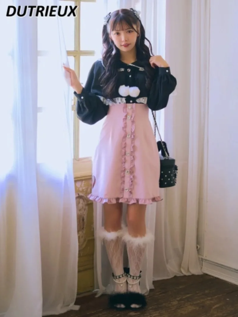 

Fall 2023 New Japanese Style Sweet High Waist A- Line Mid-length Skirt Drill Buckle Wooden Ear Love Hollow Skirt for Women