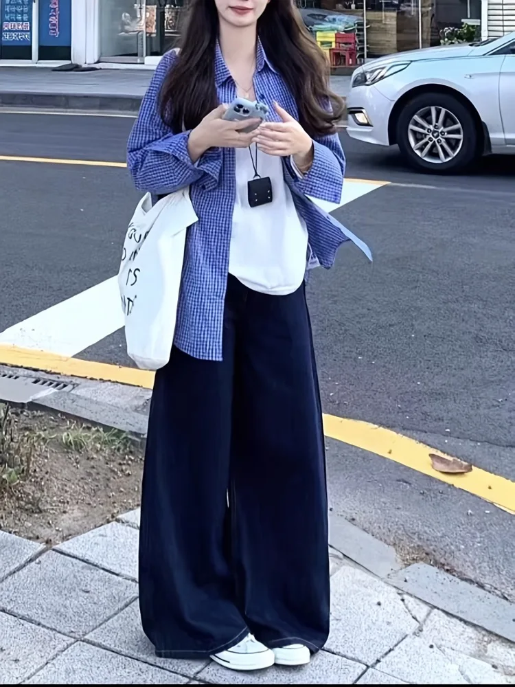 

Korean-style blue plaid polo neck shirt jacket for women, loose-fitting long-sleeved shirt for spring and autumn, casual and ver