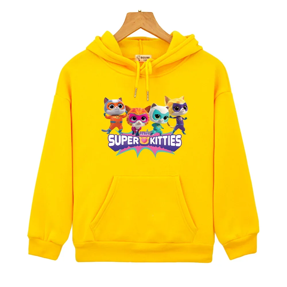 Superkitties bonito crianças hoodies casuais crianças moletom de manga longa com capuz meninos meninas roupas kawaii impressão gráfica topos