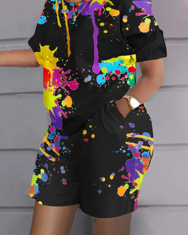 Feminino casual manga curta conjuntos de duas peças roupa feminina 2024 verão gradiente printe bolso terno feminino t camisa shorts 2 peças conjunto