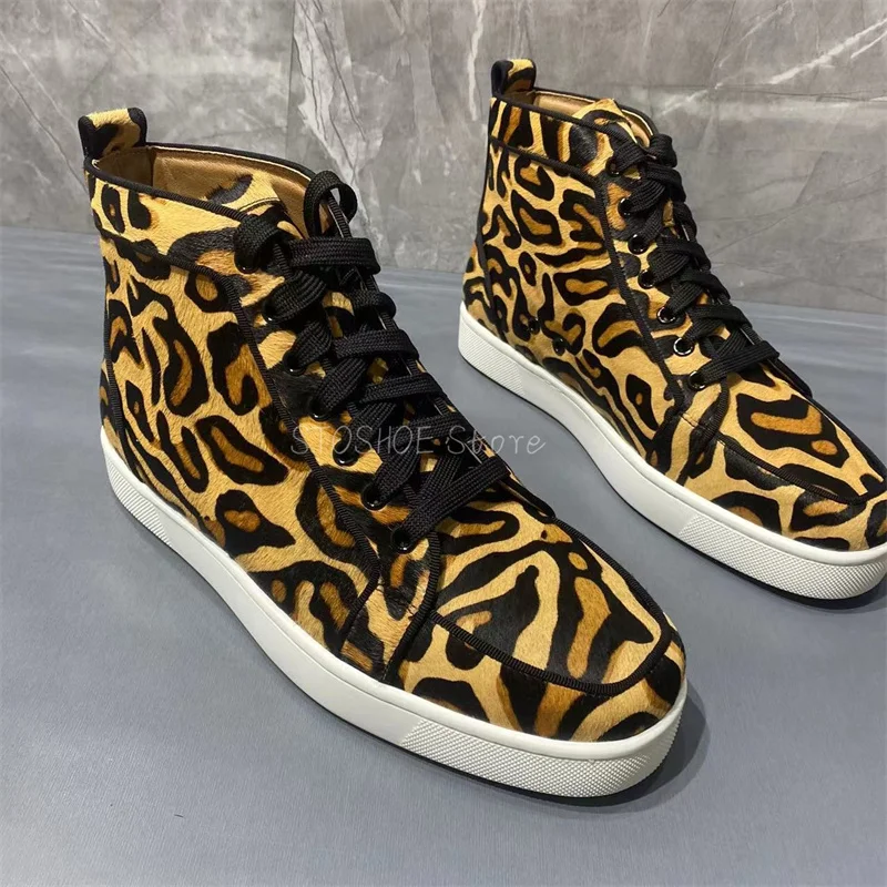 Leopard Print High Top Casual Shoes for Men and Women Lace Up Sports Shoe Sneakers Luxury Brand Handmade High Quality Size 48