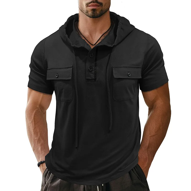 

Foreign Trade Men's Double Pocket Hat Rope Short Sleeve Henry Undershirt Cross-border Casual Small Sweater Hooded Top T-Shirt