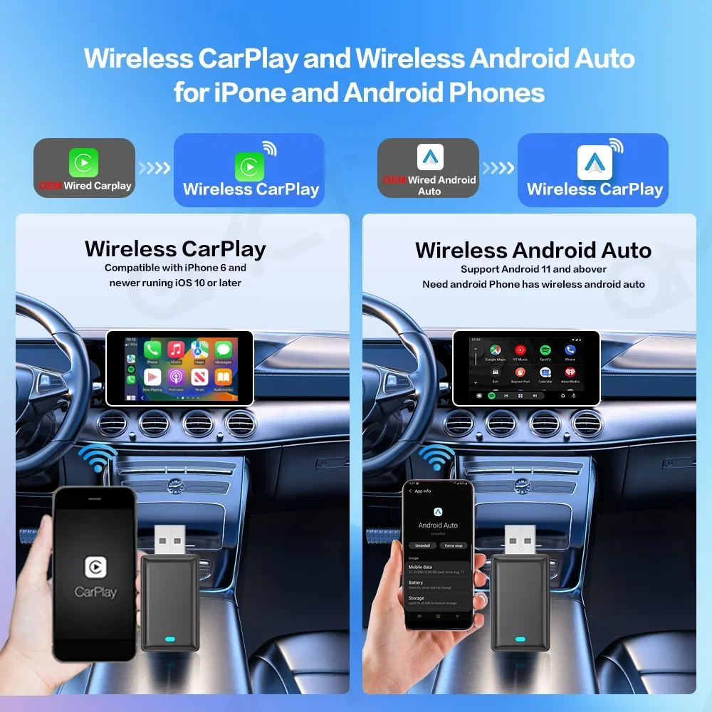 Wired to Wireless Carplay Android Auto Adapter 2 IN 1 AI Box for OEM Car Stereo Plug and Play Smart Link For Android IOS Phones