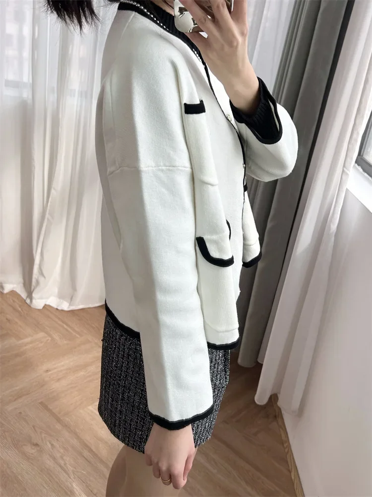 

Women 2-Colors Jacket Color Contrast O-Neck Long Sleeve Single Breasted Loose Spring 2024 Coat