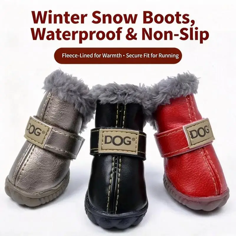 4Pcs Pet Dog Winter Snow Boots Waterproof PU Leather Warm Fleece Lining Anti-slip Dog Shoes for Small Dogs Teddy Yorkshire