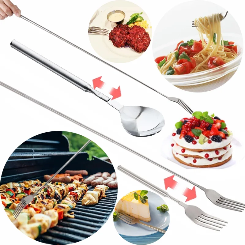 Adjustable Spoon Stainless Steel Fork BBQ Telescopic Extendable Dinner Fruit Dessert Long Handle Fork Tool Bento BBQ Accessories