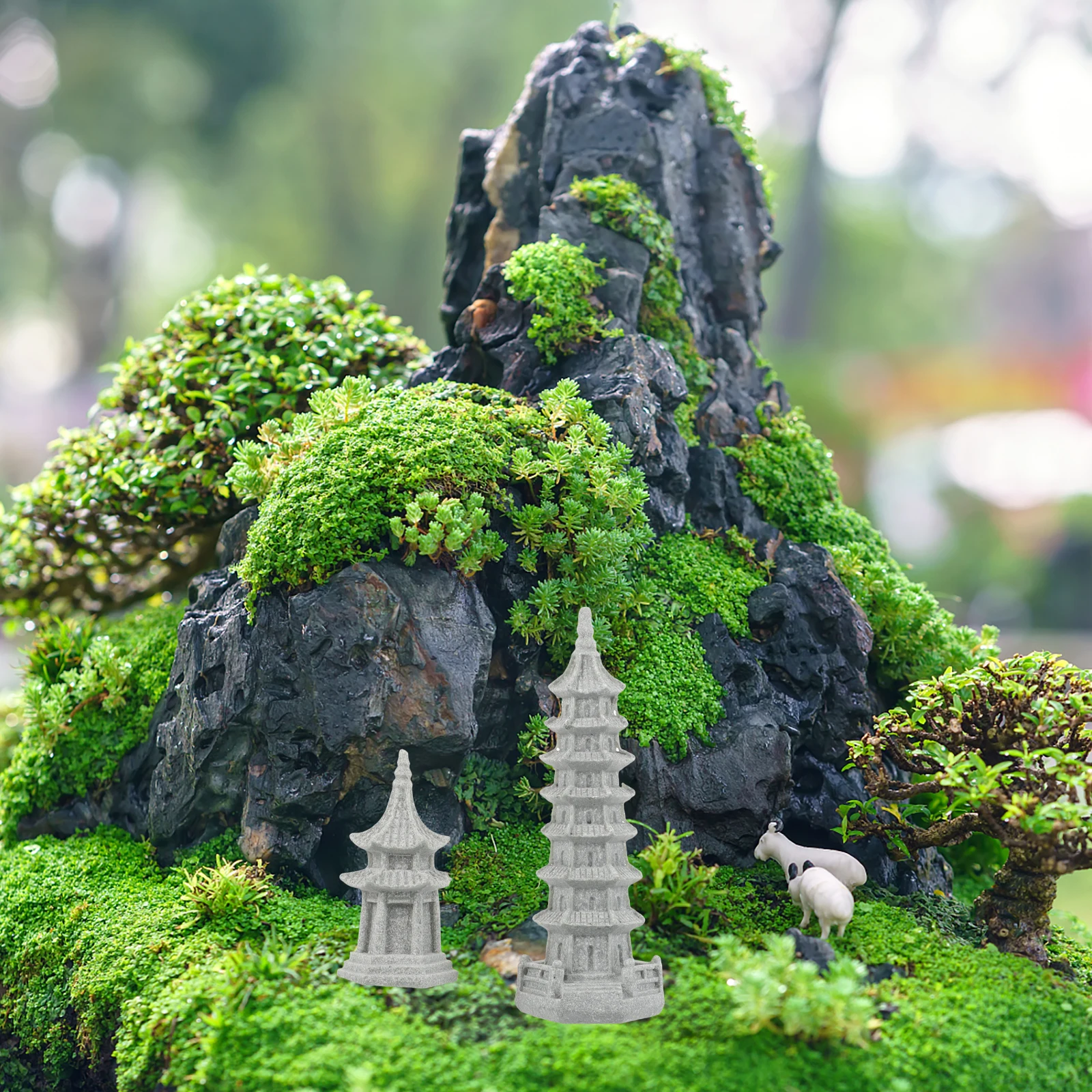 

2pcs Simulation Chang Tower Miniature Pavilion Ornament For Garden Home Decor Zen Bonsai Landscape Accessory