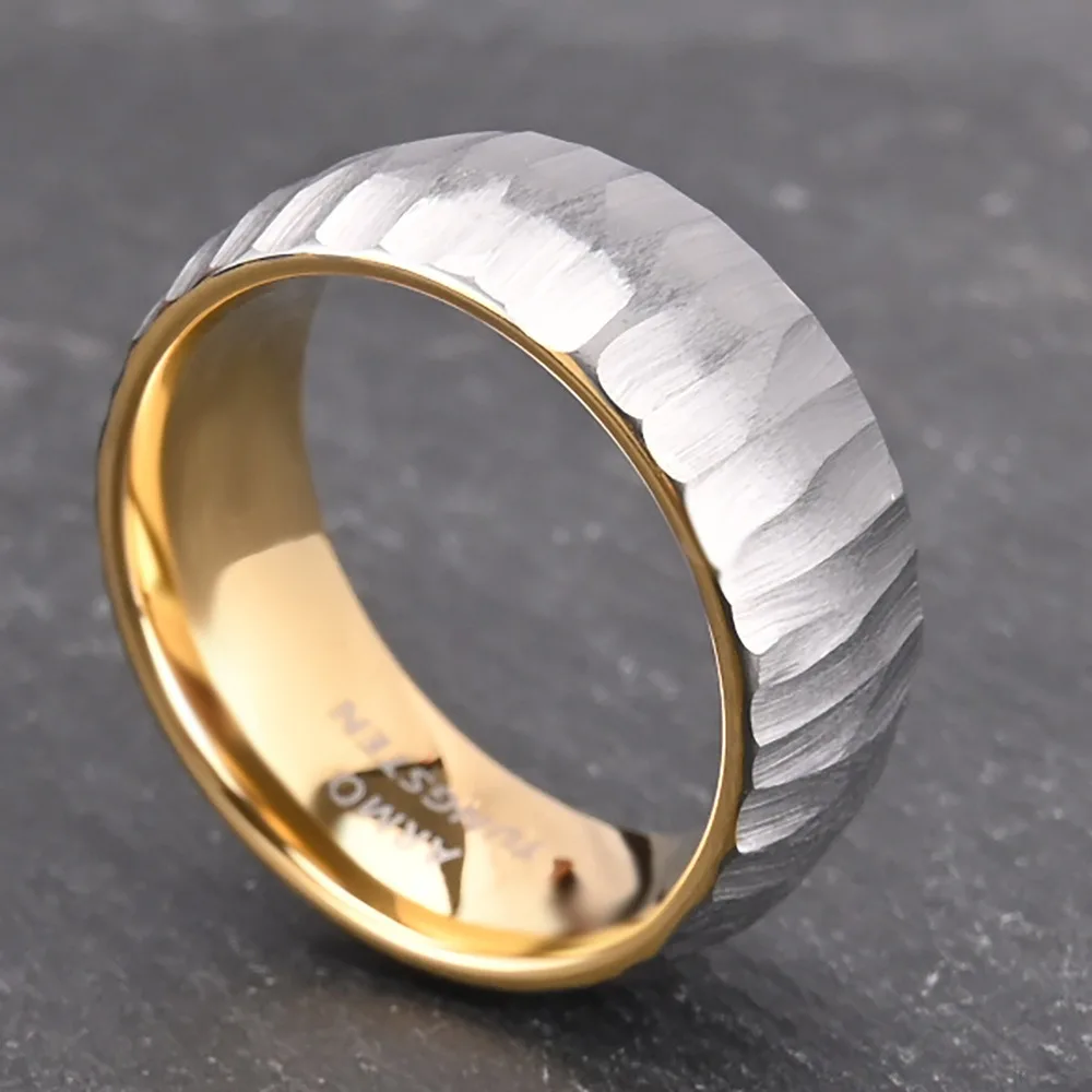 Somen 8mm Two Tone Hammered Tungsten Carbide Ring For Men Silver Brushed Faceted Wedding Band Engagement Promise Jewelry Comfort view 2