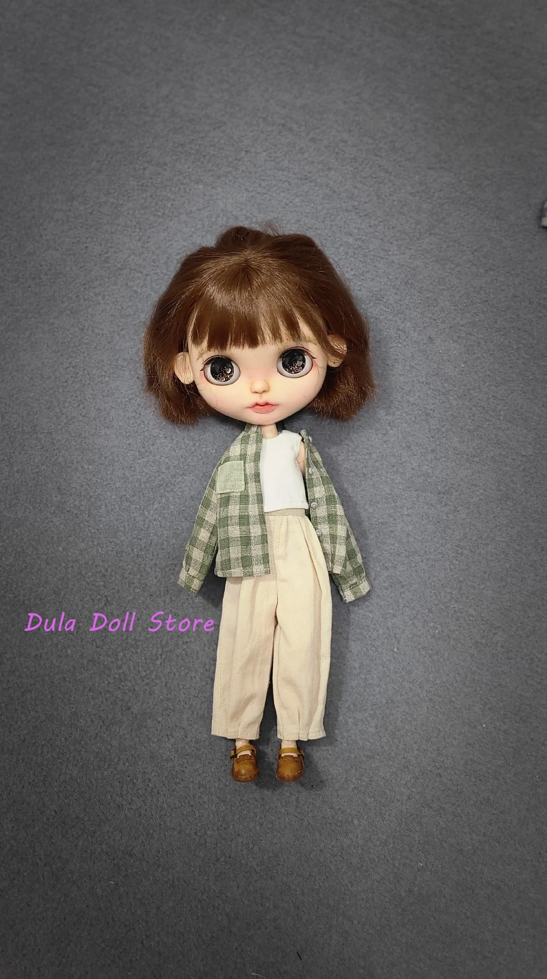 

Dula Doll Clothes Dress Linen stand-up collar plaid shirt bloomers set Blythe Qbaby ob24 ob22 Licca ICY JerryB 1/6 Doll