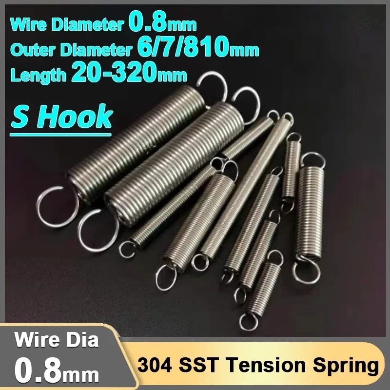 

0.8mm Stainless Steel Open S Hook Stretching Tension Spring Cylindroid Helical Extension Expansion Tensile Spring L 20-320mm