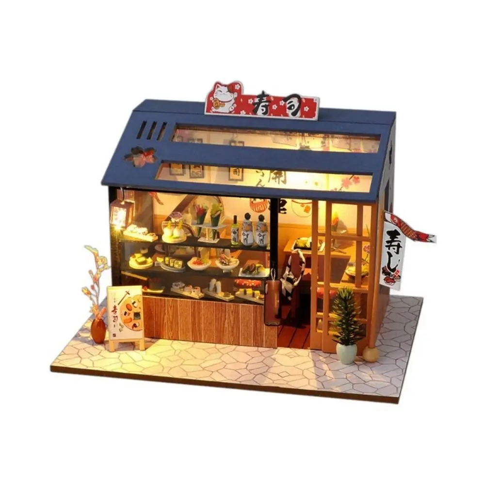 

Multicolor Handmade Assembly Shop Models Japanese Sushi Wood Miniature House Model Toy With Lights Building Material Kit Toy