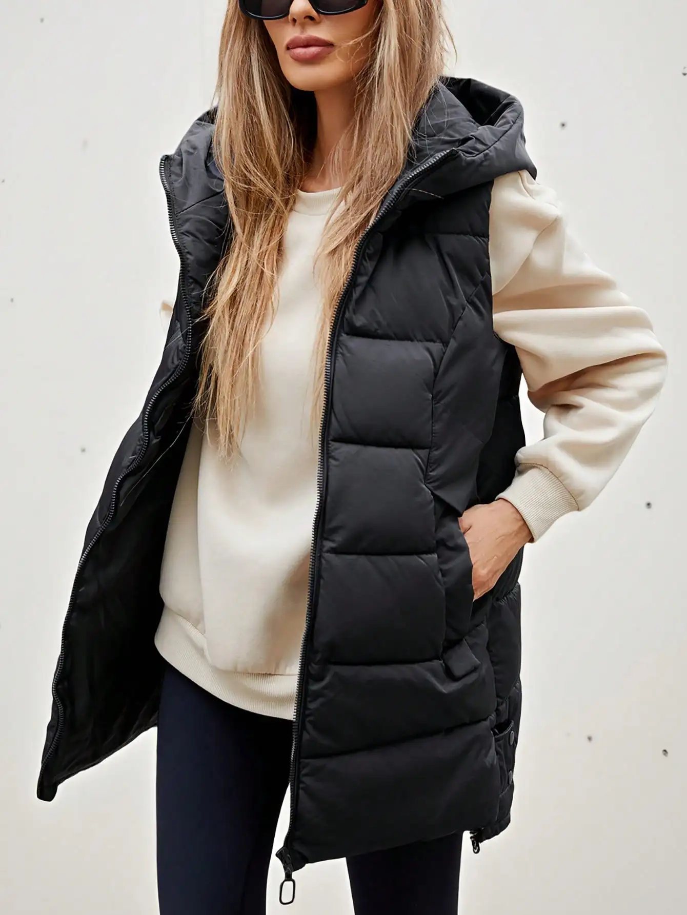 

Women's Black Hooded Vest, Mid-Long Design, Stylish SleevelessPadded InPolyfill Synthetic Insulation Winter Coat Winter Jacket J