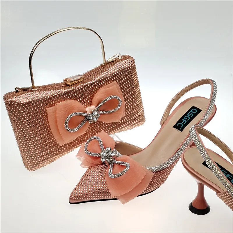 

Peach Shoes And Bag Set For Women Fashion Ladies Pumps And Handbag High Heels Stones Sandals Purse Sandales Femmes QSL057 8CM