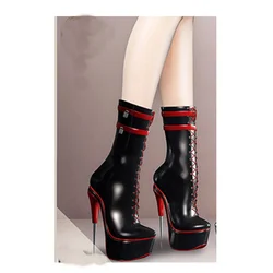 Black Lace Up Mid Calf Platform Boots Thin High Heel Pointed Toe Fashion Sexy 2025 Winter Big Size Woman Shoes Zapatillas Mujer