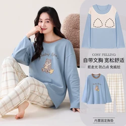 High Quality Spring and Autumn 100% Cotoon Cute Cartoon Pyjamas With Chest Pad Big Size M-3XL Female Long Sleeve Sleepwear