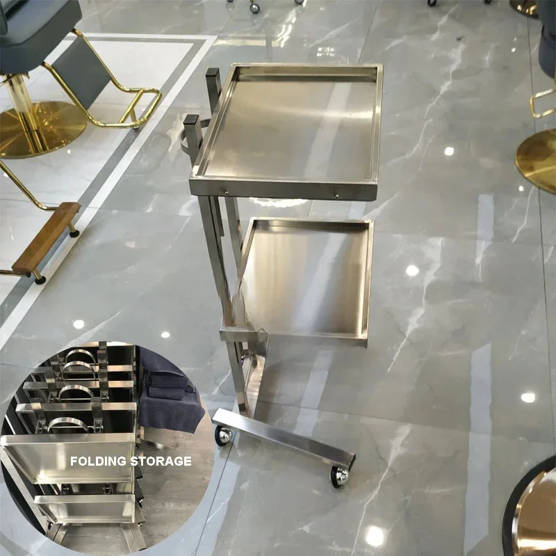 Special Hot Dyeing Car Stainless Steel Beauty Salon Cart Tool Trolley Haircut Folding Tool Cart Hair Salon Cart Two-Layer Rack