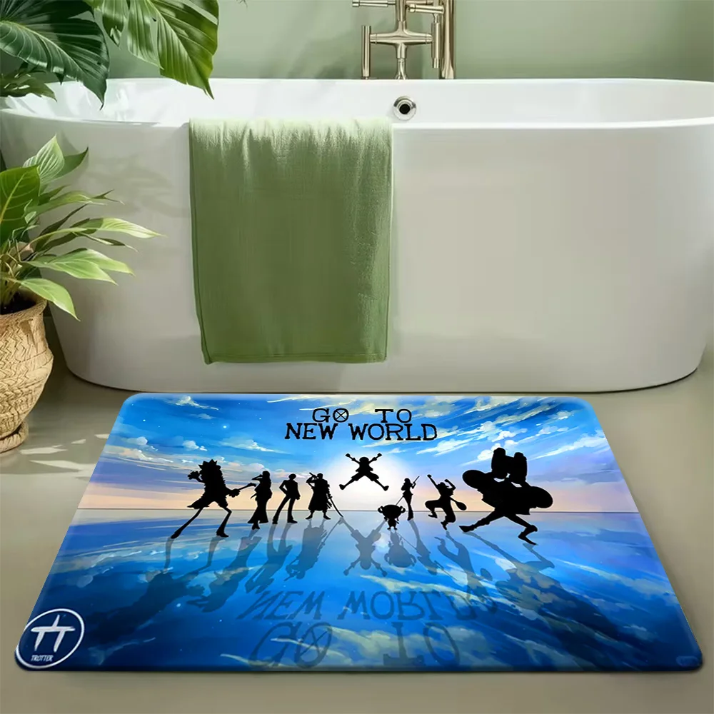 Alfombra de Baño Antideslizante y Absorbente con Silueta de One Piece, Equipo Sombrero de Paja, "Vamos al Nuevo Mundo", Alfombra de Baño con Personajes y Reflejo del Cielo
