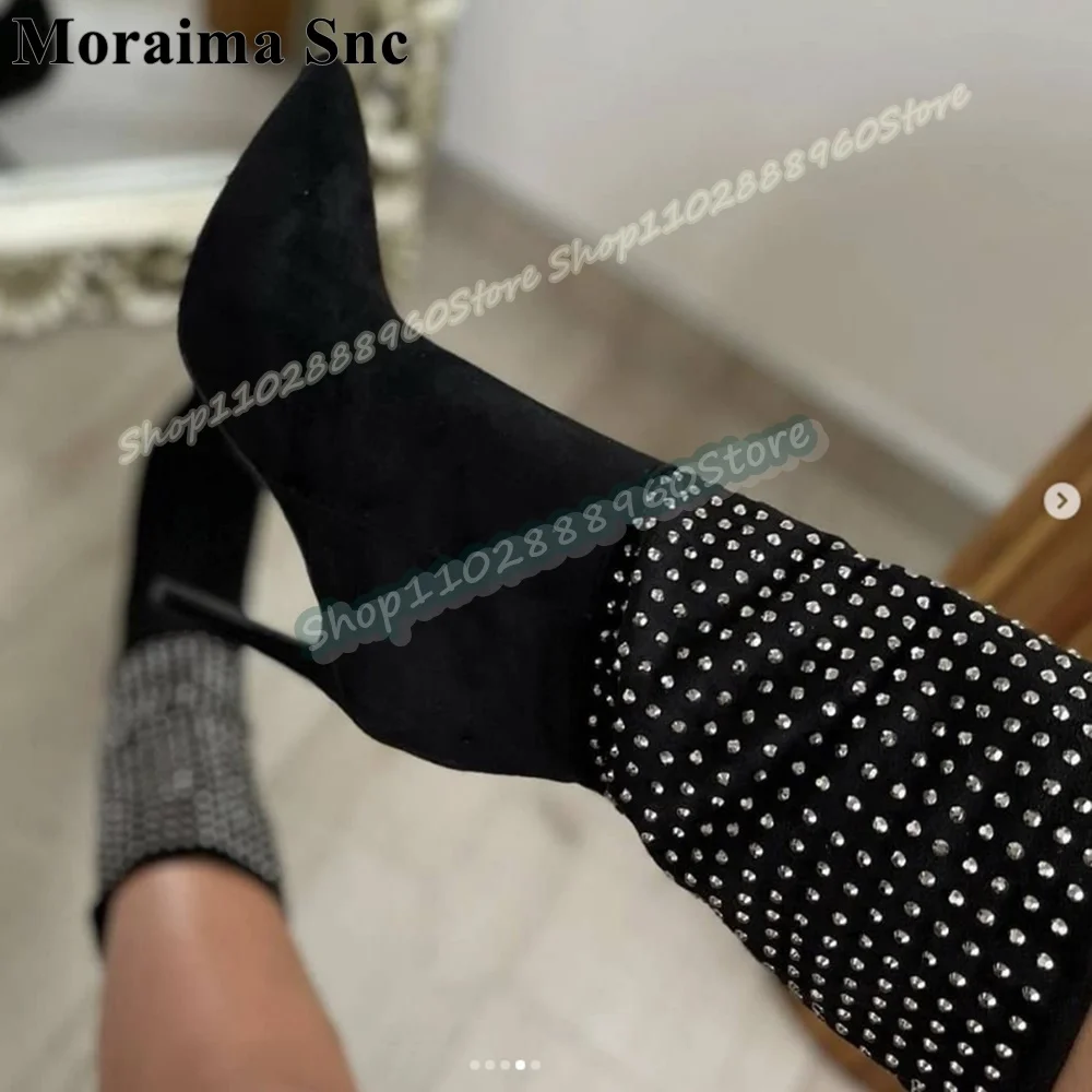 

Casual Mid Calf Black Suede Crystals Pointy Boots Stilettos High Heel Shoes For Women Slip On Pointed Toe Stylish Women Boots