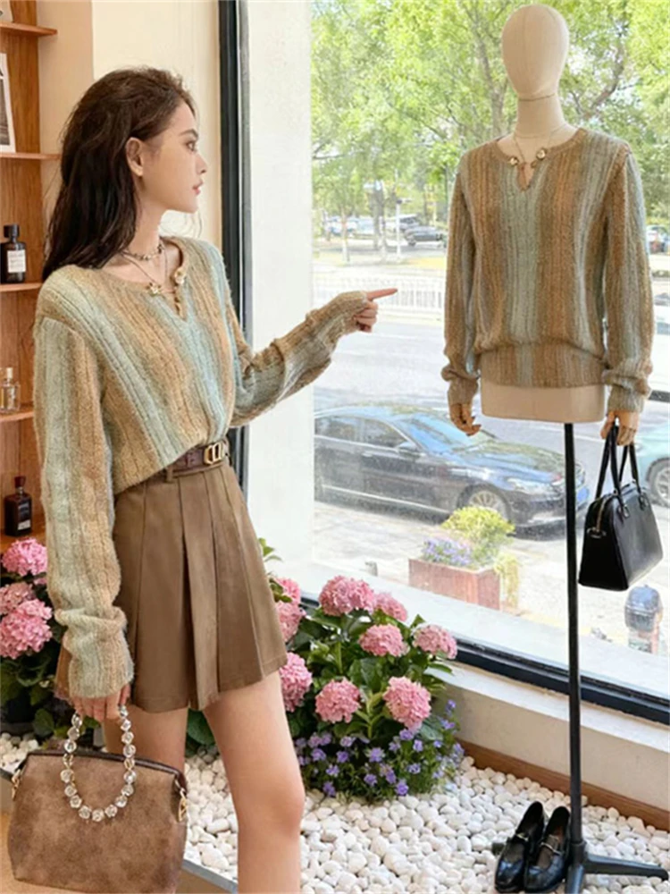 

Retro Striped Knitted Sweater Women's Faion Spring New Design Sensation Knitwear Moisture ng Long Sve V-Ne Regula...