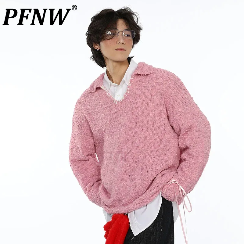 

PFNW Male Korean Art Brushed Lapel Pullover Sweater Lazy Style Fashion Loose Knitted Vintage Men's Tops 2024 Autumn New 28W4233