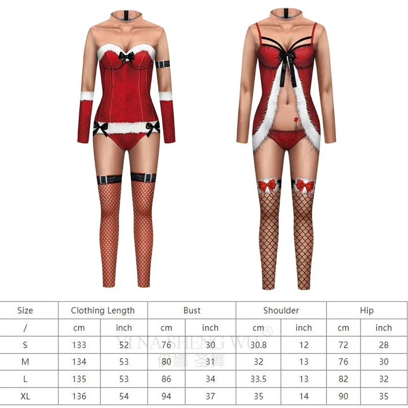 Christmas Costume 3D Printed Sexy Bodysuits Playsuit for Women Long Sleeve Cosplay Costumes Jumpsuit Role Play Outfits Gifts