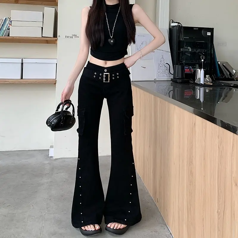 Women Gothic Dark Academia Chic Shoujo Cargo Flared Jeans Grunge Japanese Low Rise Gyaru Y2K Denim Pants 2000s Bell-Bottom New