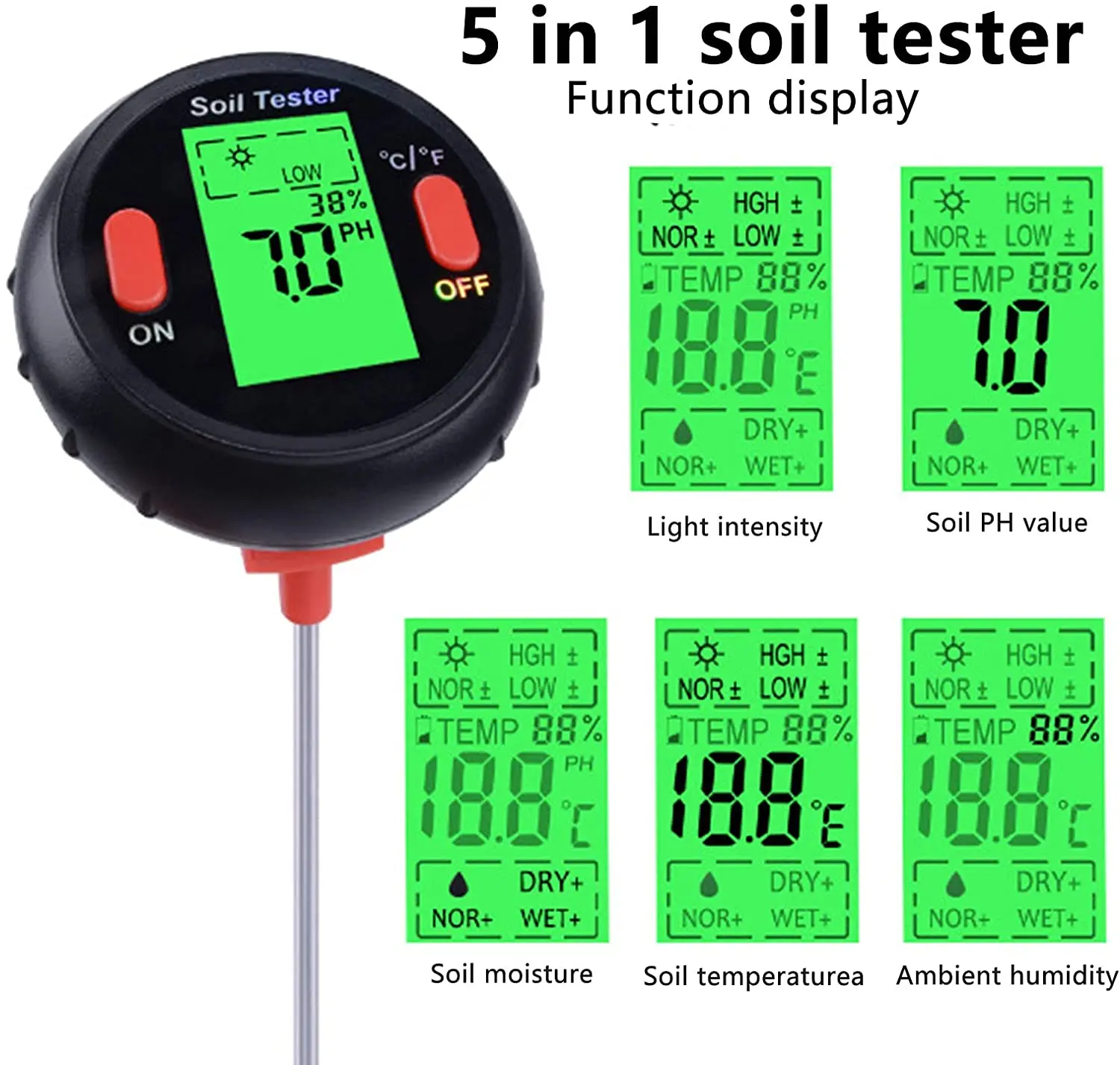 5 in 1 Soil Test Meter Digital Soil Moisture PH Temperature Light Tester LCD for Garden Lawn