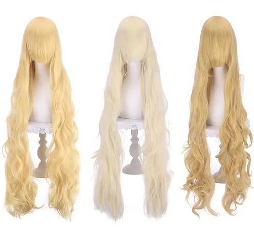 100 cm Long Wavy Curly Synthetic Cosplay Wig for Women silver white beige blonde golden Party Wigs With Bangs Heat Resistant