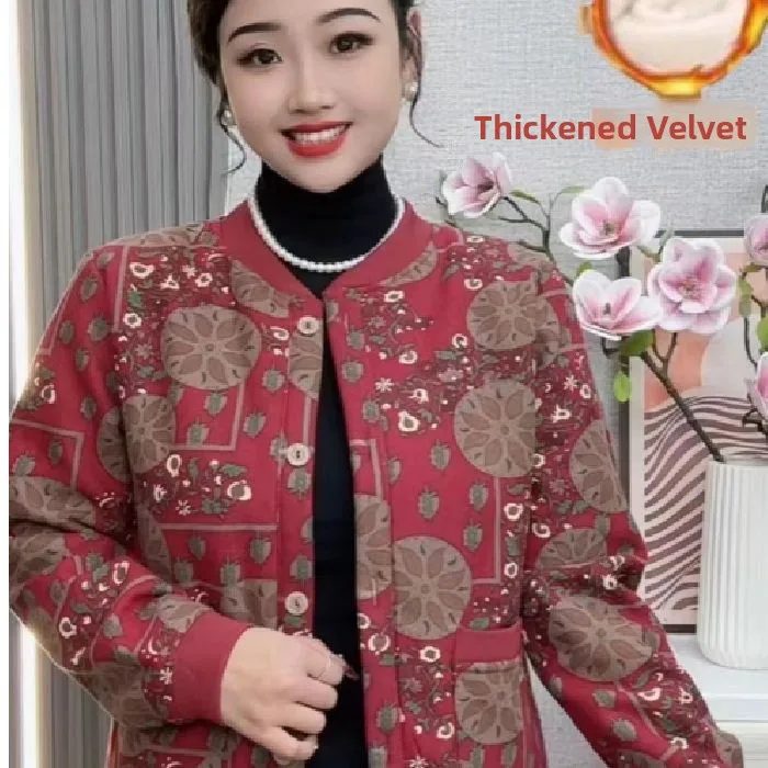 

Модный свободный хлопковый дэт с принтом в стиле ретро на подкладке, осенне-зимняя одежда для мамы, универсальная теплая удобная корейская одежда L...