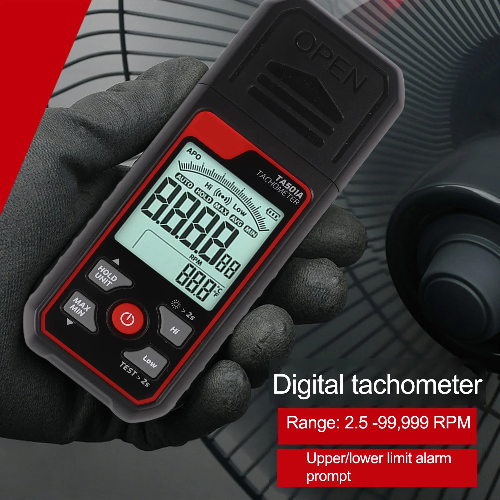 

Digital Tachometer TA501A for RPM Measurement Non Contact Photoelectric Speed Detector with Smart Display and Alerts