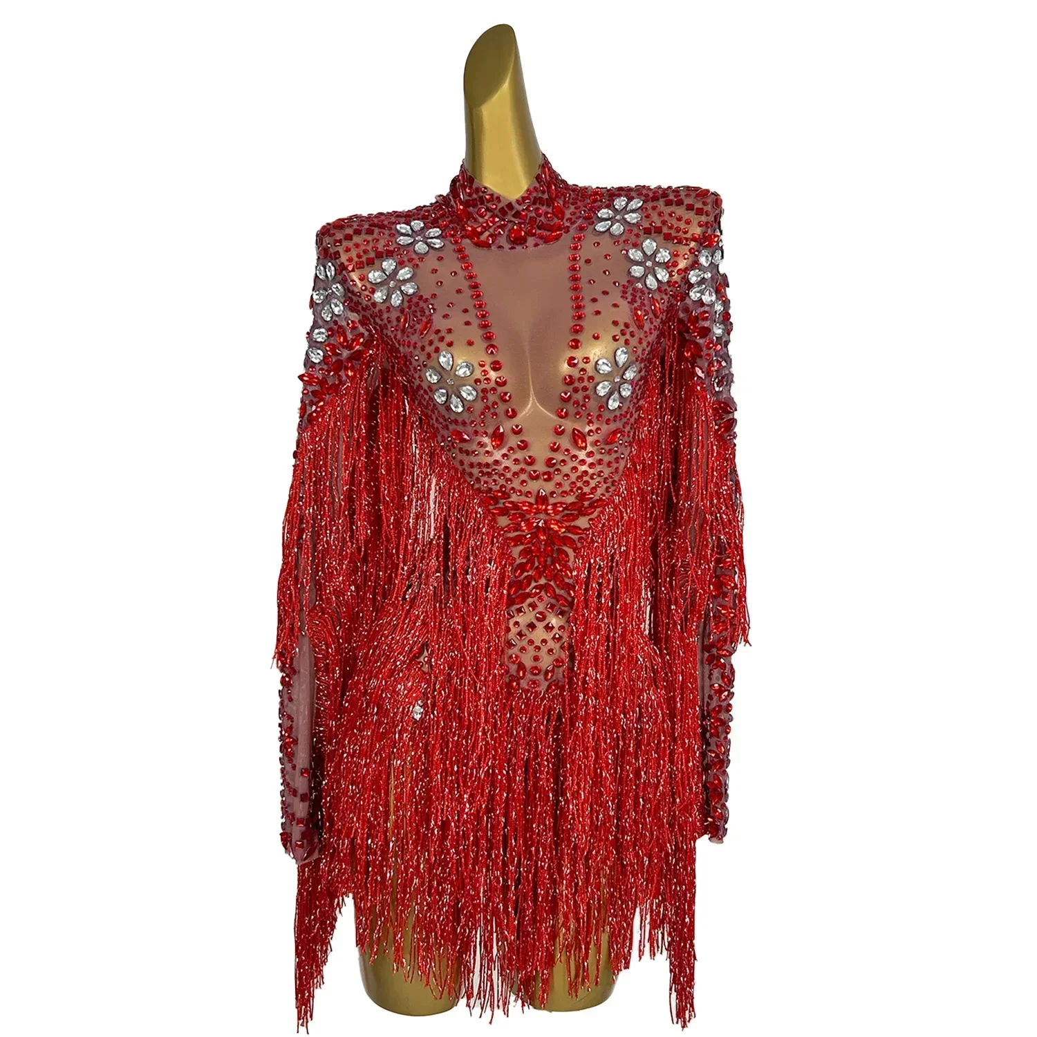 Sexy Lady Dancer Red Tassel Leotard Stage Show Wear Sparkly Fringes Bodysuit Birthday Party Celebrate Outfit Dance Stage Costume