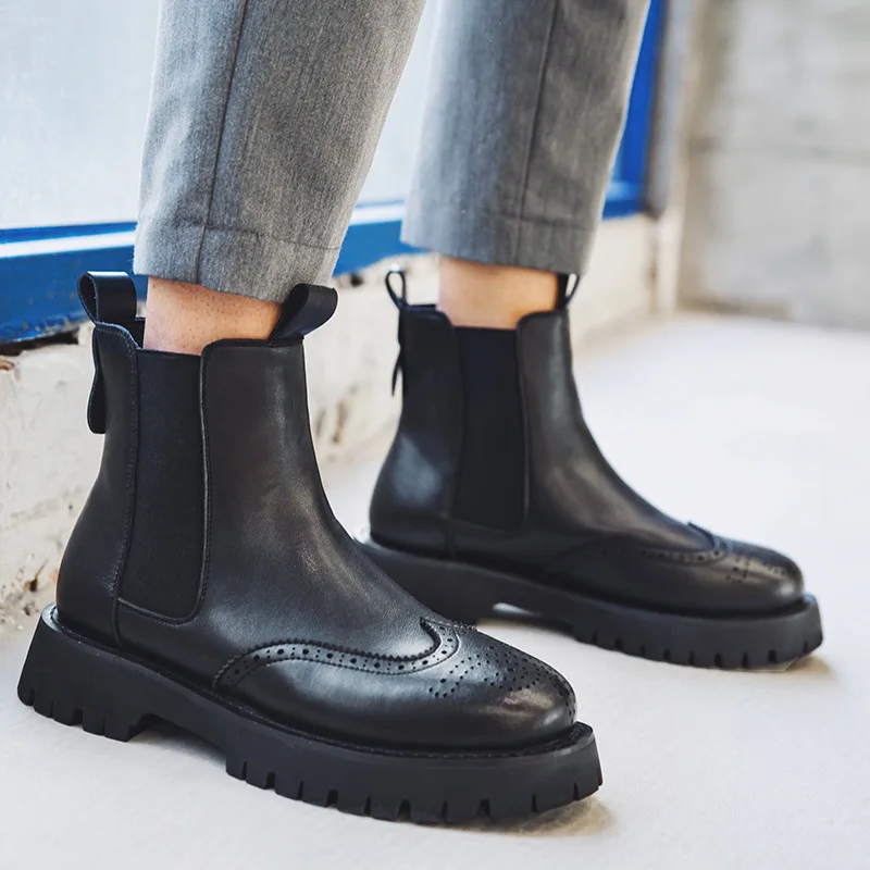 

Мужские короткие ботинки, осень/зима 2021, ботинки челси в британском стиле, мужские кожаные туфли с большим носком, туфли средней высоты, рабочая одежда, ботинки